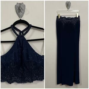 (2) Ellie Wilde Mon Cheri 10 navy blue bead prom formal crop top maxi skirt